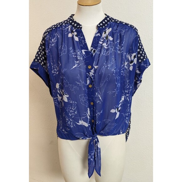 Anthropologie LEIFNOTES "Times Two" Polka Dot Floral Tie Front Blouse Size 8 - Picture 1 of 10